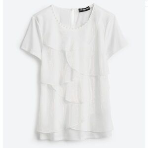 NWT KARL LAGERFELD PARIS Sophie Pearl Detail Ruffle Blouse - Medium